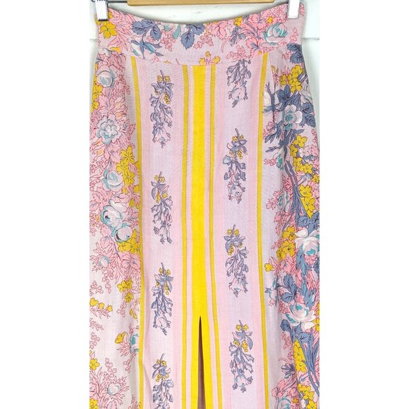 60s vintage pink yellow floral long aline front slit maxi skirt - Picture 3 of 5